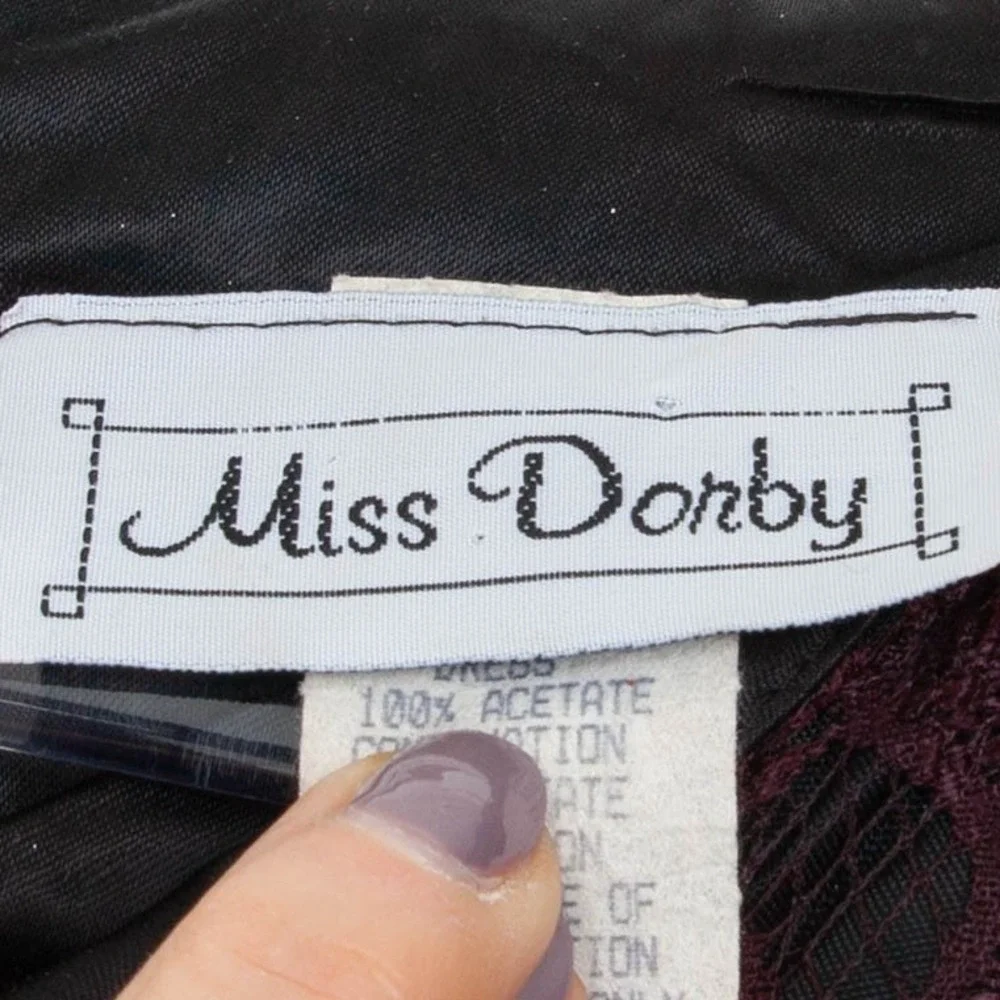 VTG 80s Miss Dorby Lace Midi‎ Dress Purple Black Puff Sleeve Size 16 Whimsigoth - Picture 4 of 8